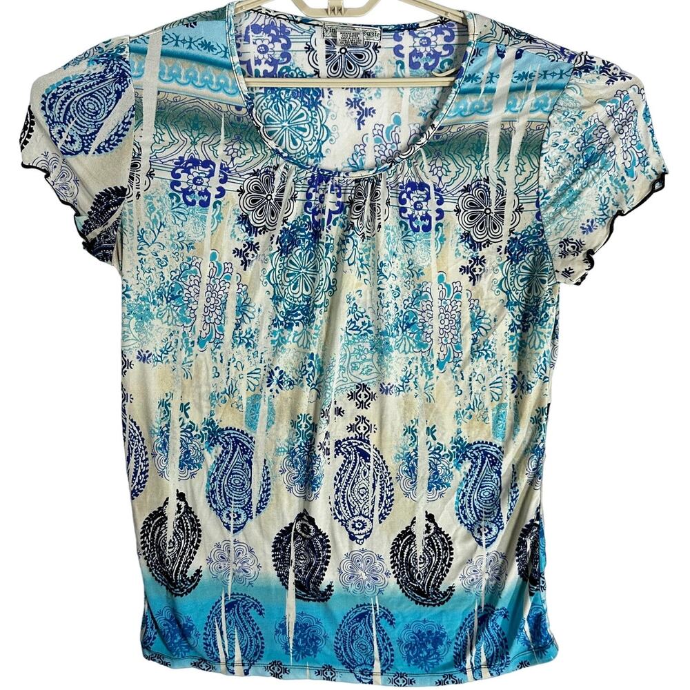 Vintage Suzie Boho Top M Blue Paisley Floral Short Sleeve Scoop Hippie Festival